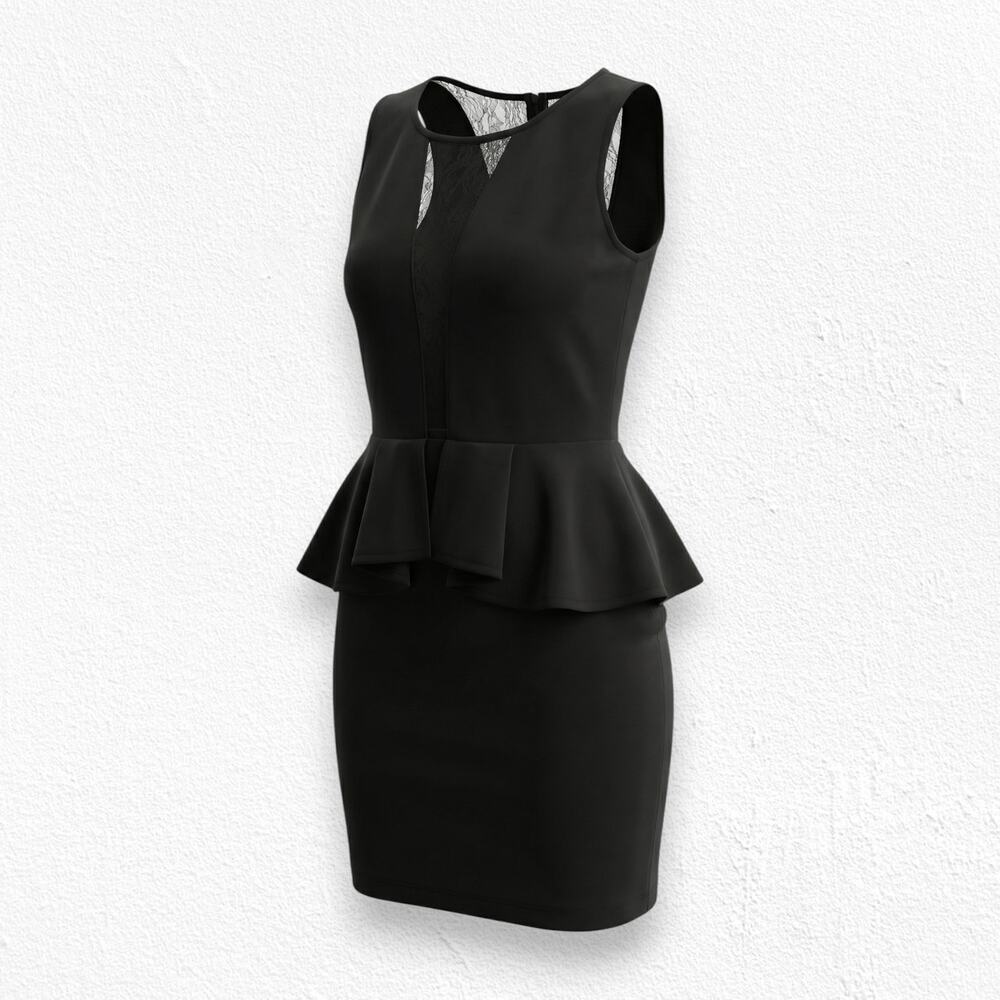 Guess Black Peplum Sleeveless Mesh USA Made Bodycon Classic Mini Dress Size XS